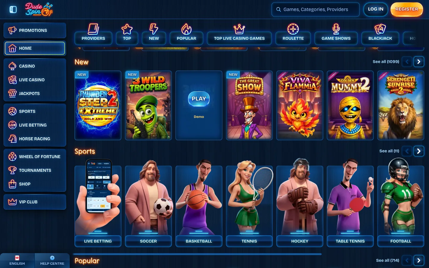 DudeSpin Canada slots lobby where wagering on a DudeSpin bonus accumulates